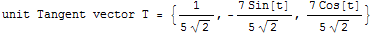 unit Tangent vector T =  {1/(5 2^(1/2)), -(7 Sin[t])/(5 2^(1/2)), (7 Cos[t])/(5 2^(1/2))}